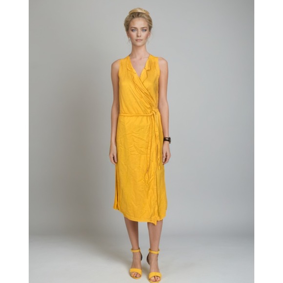 Free People Dresses & Skirts - Free‎ People Midi Wrap Dress Women Sz M Yellow Linen Cotton Blend Coastal